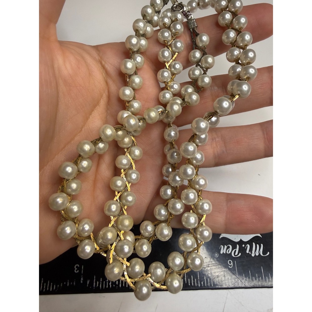 Vintage Double Strand Faux Pearl Gold Tone Chevron Chain Necklace 16 Inch